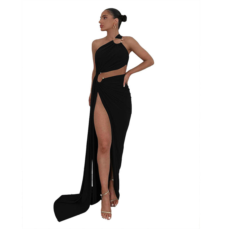 Fall Women  Clothing Oblique Shoulder Sexy Cutout Design Evening Dress