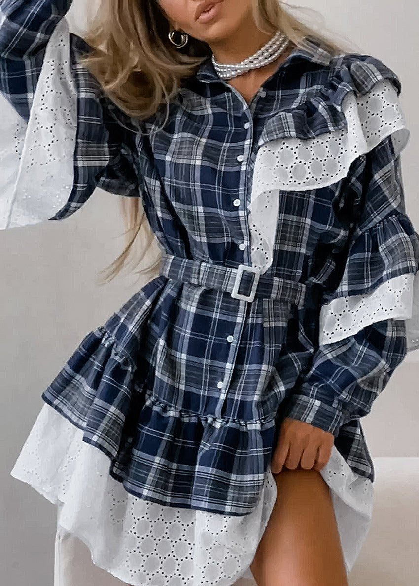 Plaid Elegance Ruffle Shirt Dress