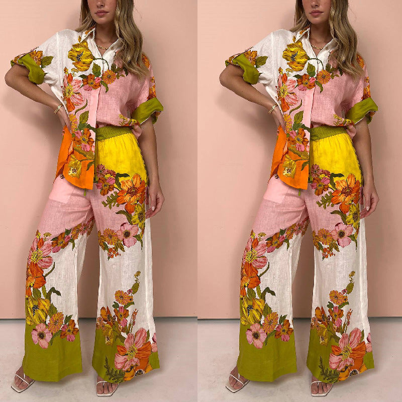 Printed Cotton Linen Two-Piece Suit Outfit Top Wide Leg Pants – Stylish Floral Set