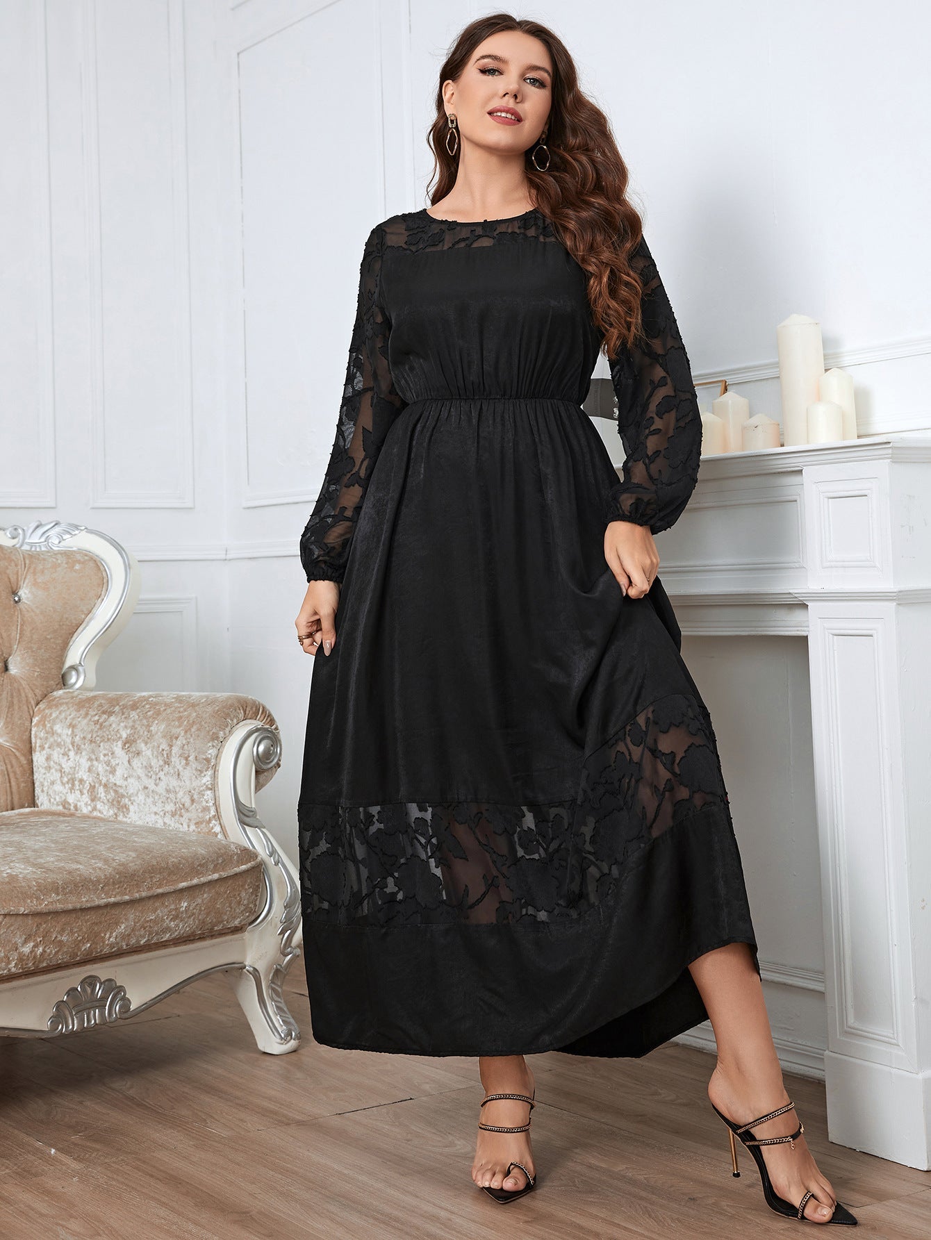 Plus Size Chubby over the Knee Lace Dress Slimming Autumn Long Sleeve Elegant High Sense