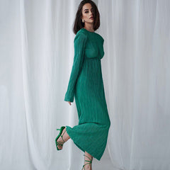 Spring Maxi Dress round Neck Hollow Out Cutout Sexy Elegant Dress Backless Slim Fit Long Sleeve Pleated Dress for Women