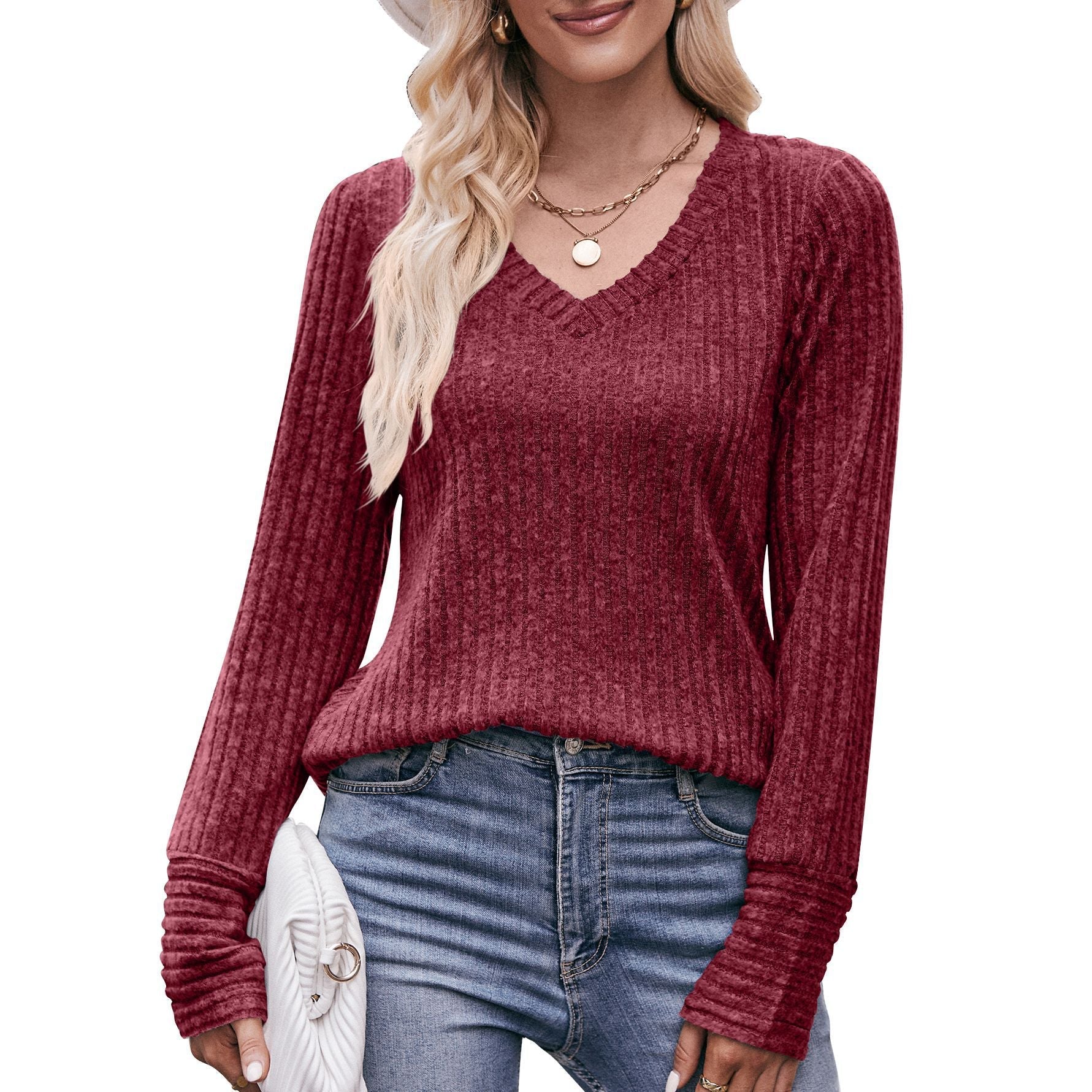 Women’s Brushed Sunken Stripe V-neck Long-Sleeved Solid Color Top