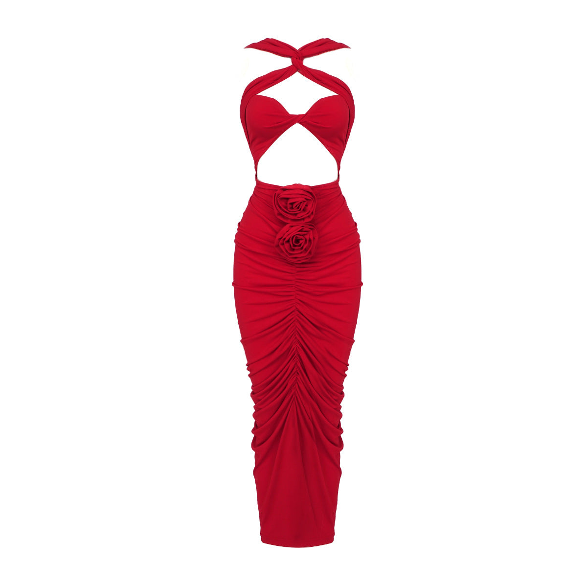 Spring Summer Red Cross Halterneck Cutout Floral Pleated Hip Women Clothing Stitching Dress 3D Decoration