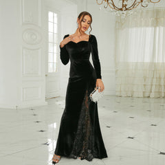 Elegant Sexy Long-Sleeved Long Velvet Square Collar Annual Meeting Split Evening Dress Bridesmaid Dress Women Dress