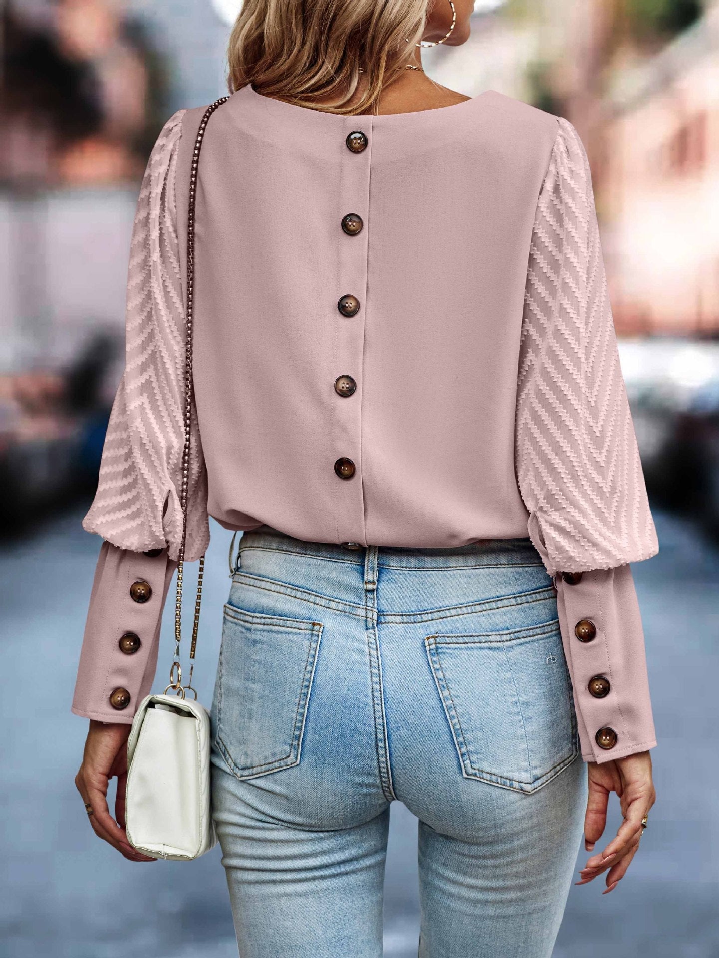 Fall Winter Solid Color round Neck Button Long Sleeve Blouse Top