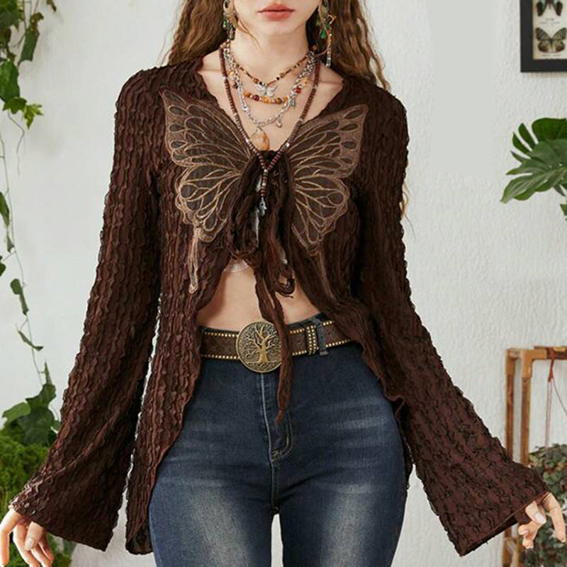 Retro Texture Butterfly Tied Top – Sexy Irregular Asymmetric V Neck Cardigan