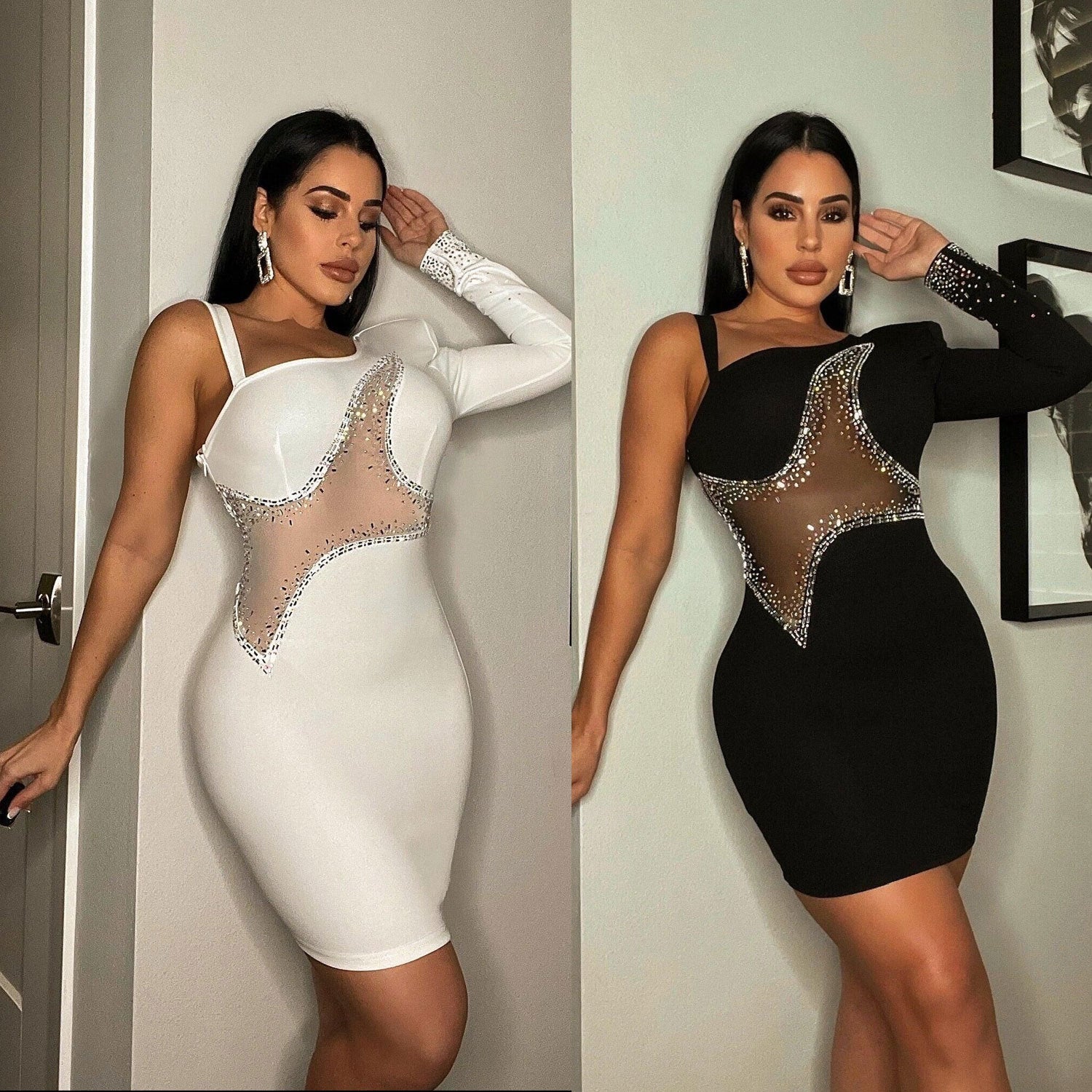 Sexy Slim-Fit Mesh Rhinestone Dress Nightclub