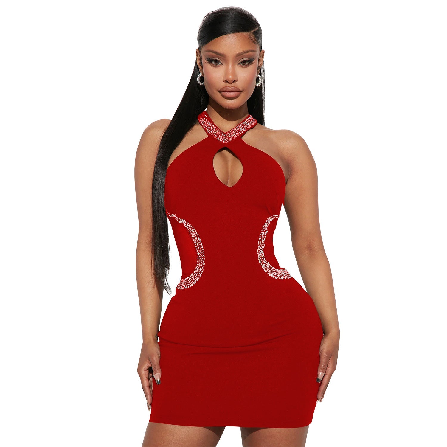 Summer Women Clothing Sexy Tight Hollow Out Cutout Rhinestone Halter Dress for Women