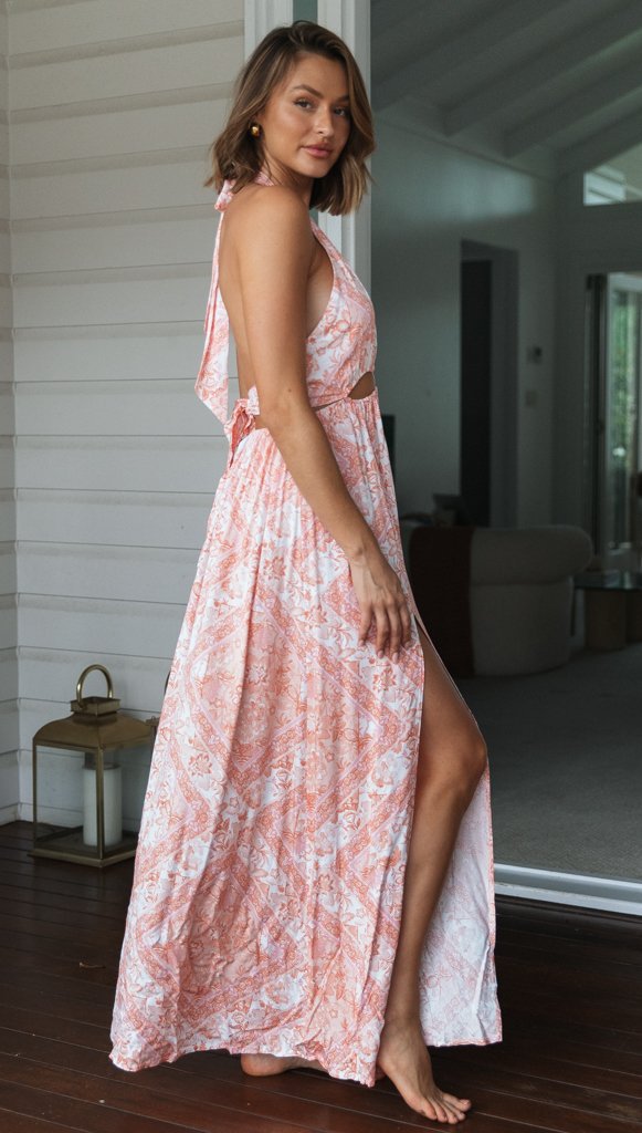 Printed Halter Pink Maxi Dress with Split – Women’s Vacation Dress