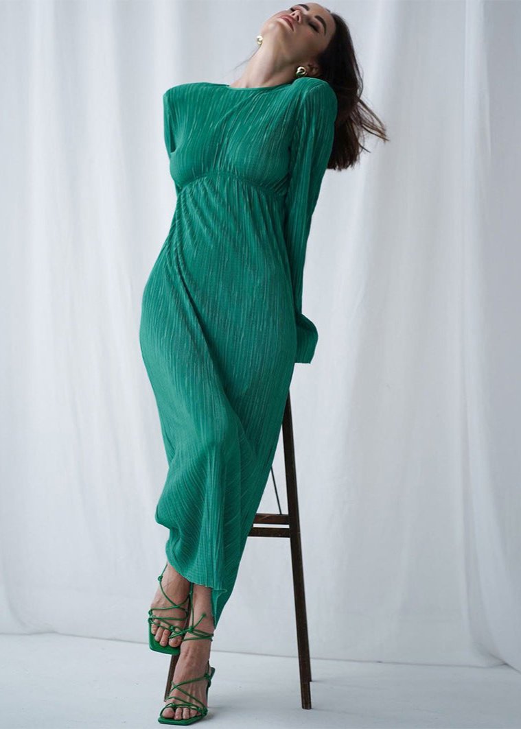 Emerald Glow Open-Back Dress