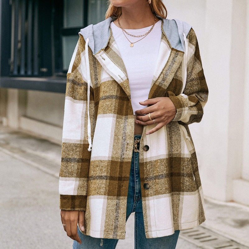 Plaid Hooded Casual Shacket: Loose-Fit Jacket for Stylish Outerwear