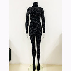 Star Rhinestone Stretch Turtleneck Bottoming Shirt Pleated Skirt Leggings