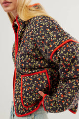 Flower Print Pocket Clip Cotton Drop Shoulder Jacket