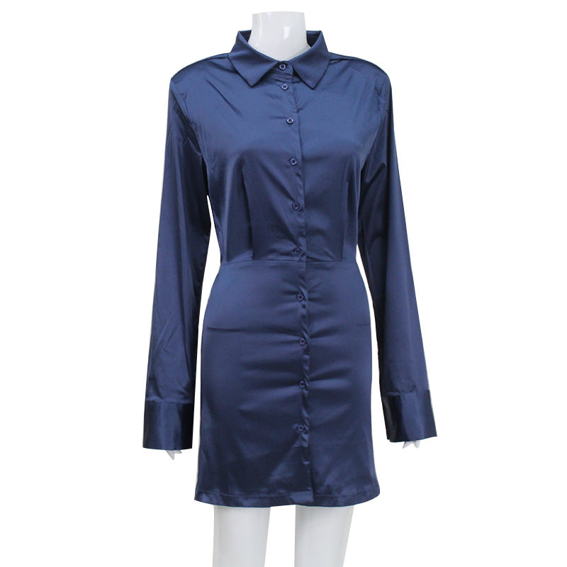 Women Clothing Sexy Shirt Dress Button Long Sleeve Satin Pure Sexy Short Dress