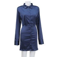 Women Clothing Sexy Shirt Dress Button Long Sleeve Satin Pure Sexy Short Dress