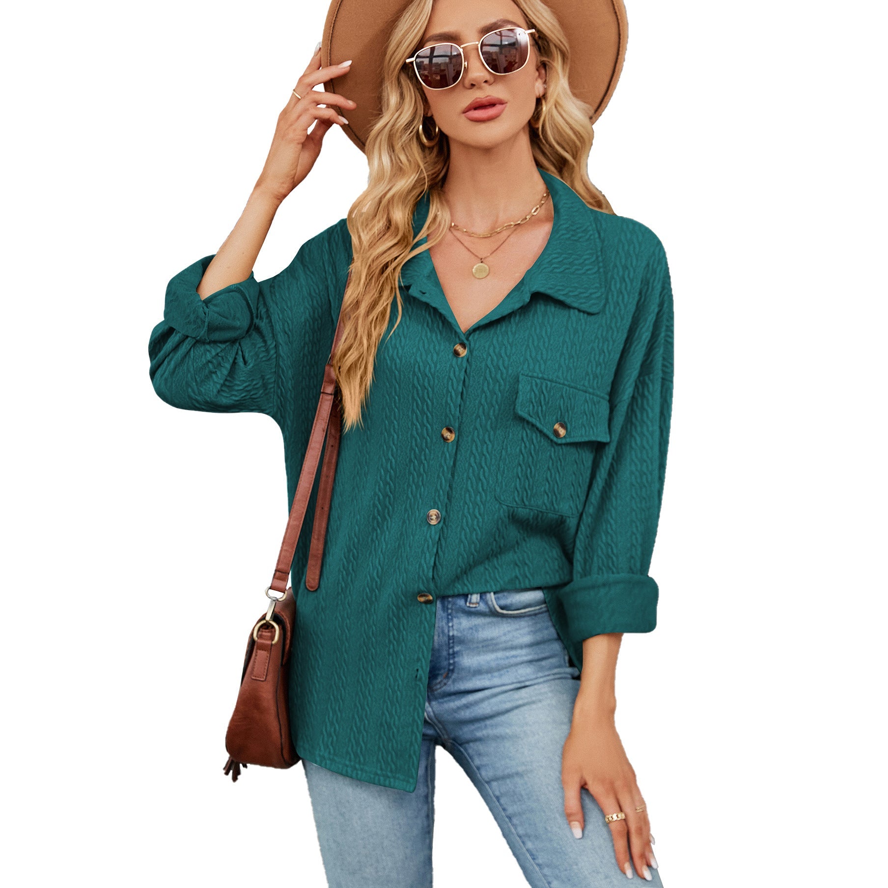 Solid Color Polo Collar Button Pocket Long Sleeve Loose Fitting Coat Top Women