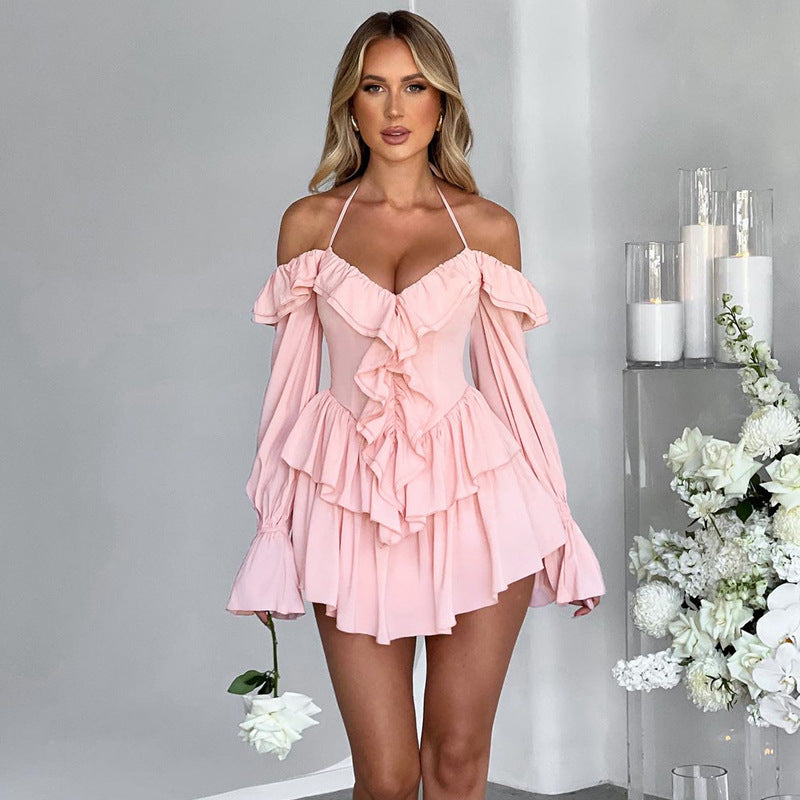 Women’s Autumn Sexy Halter Low Cut Ruffled Long Sleeve Romper – Trendy Fall Fashion