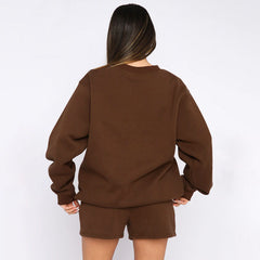 Nude Solid Color Casual Loose Pullover Hoodie Shorts Set