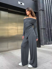 Strapless Ruched Slim Long Sleeve Top Wide Leg Pants Set