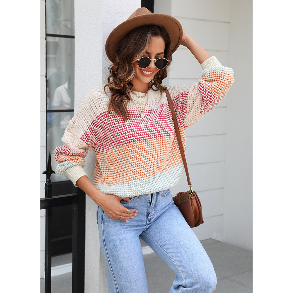 Autumn Casual Sweater: Loose Crew Neck Color Knitwear Top – Color Block