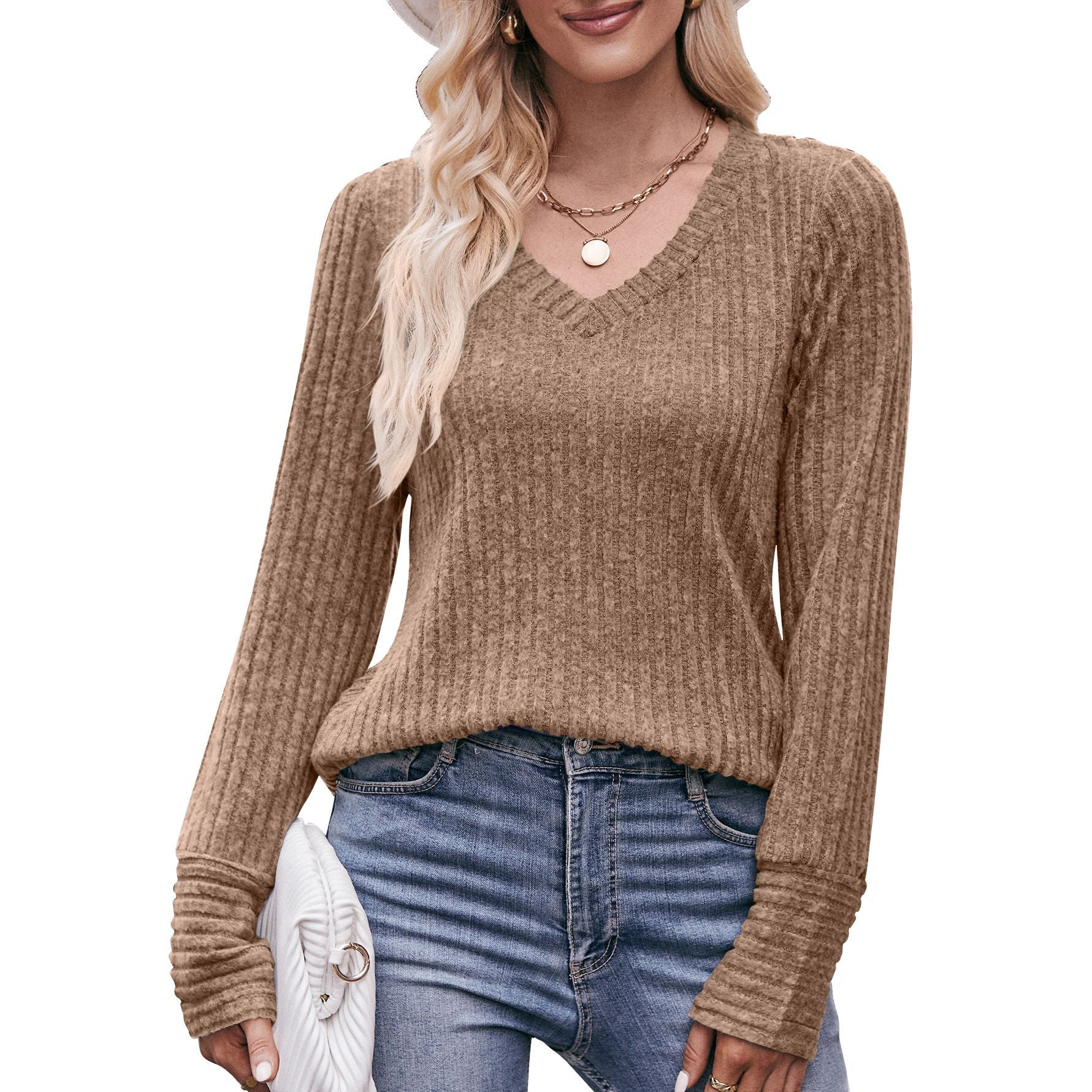 Women’s Brushed Sunken Stripe V-neck Long-Sleeved Solid Color Top