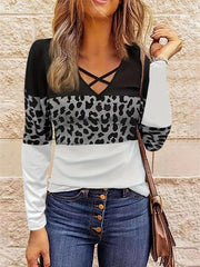 Summer Women Clothing Personality Leopard Splicing V Neck Top Ladies