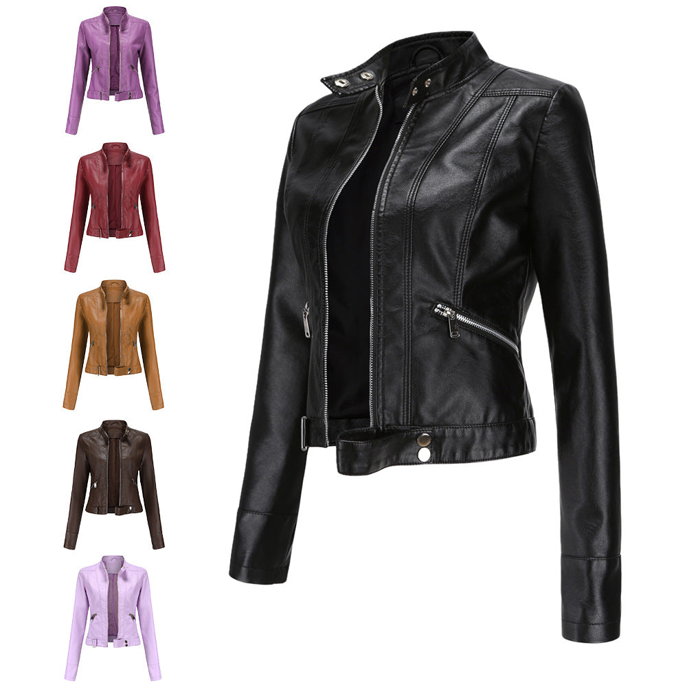 New Women’s Short Leather Jacket – Stand Collar, Spring/Autumn Lady’s Coat