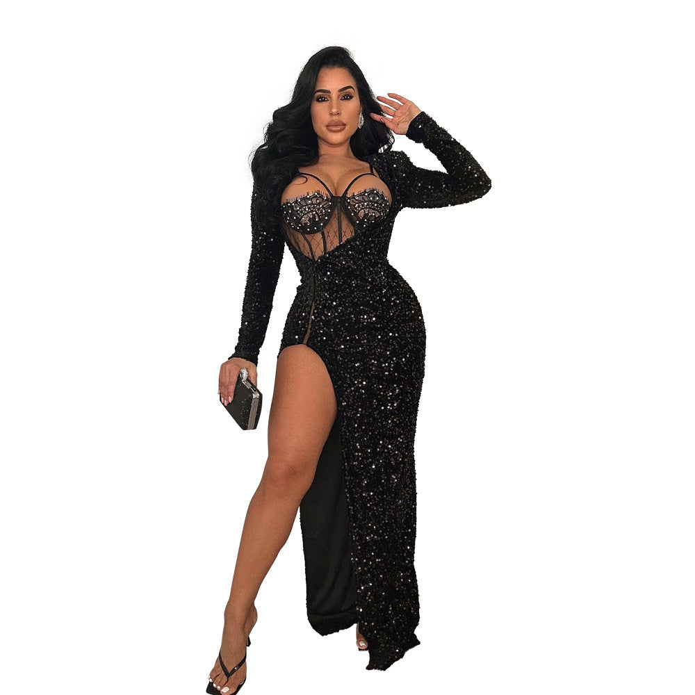 Women’s Solid Color Sequin Maxi Dress with Sexy Slit and Jumpsuit Set