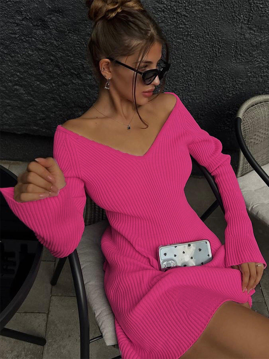 V Neck Long Sleeve Sexy Dress Short A Line Dress Strapless High Waist Autumn Winter Knitted Dress