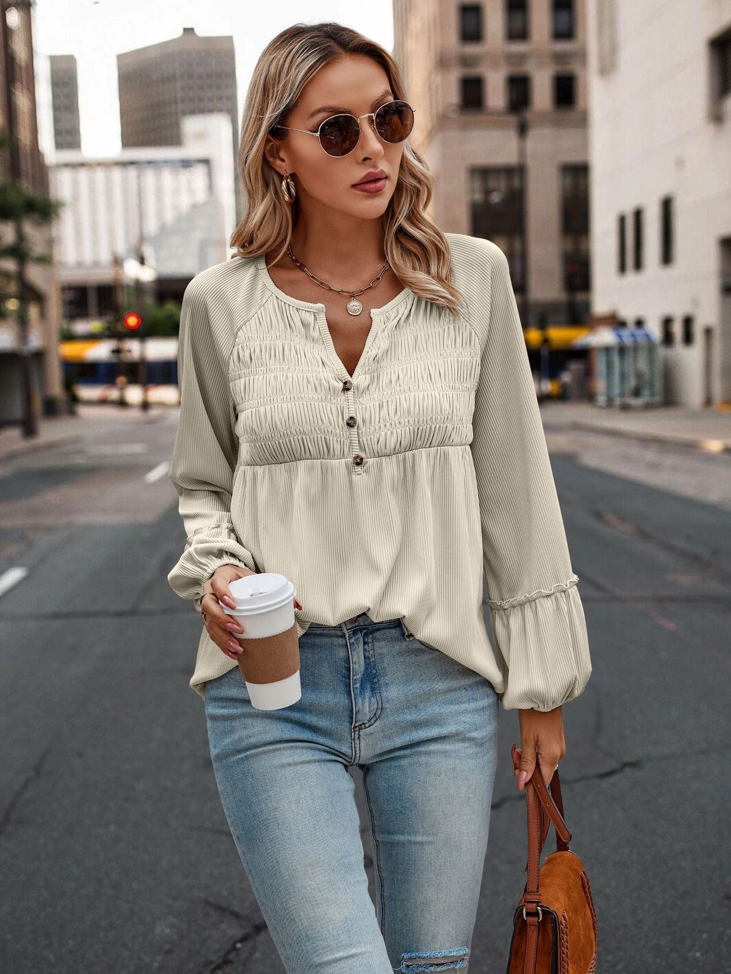 Autumn Solid Color Pleated Long Sleeve Top