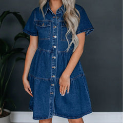 Summer Short Sleeve Collared Casual Women Denim Dress