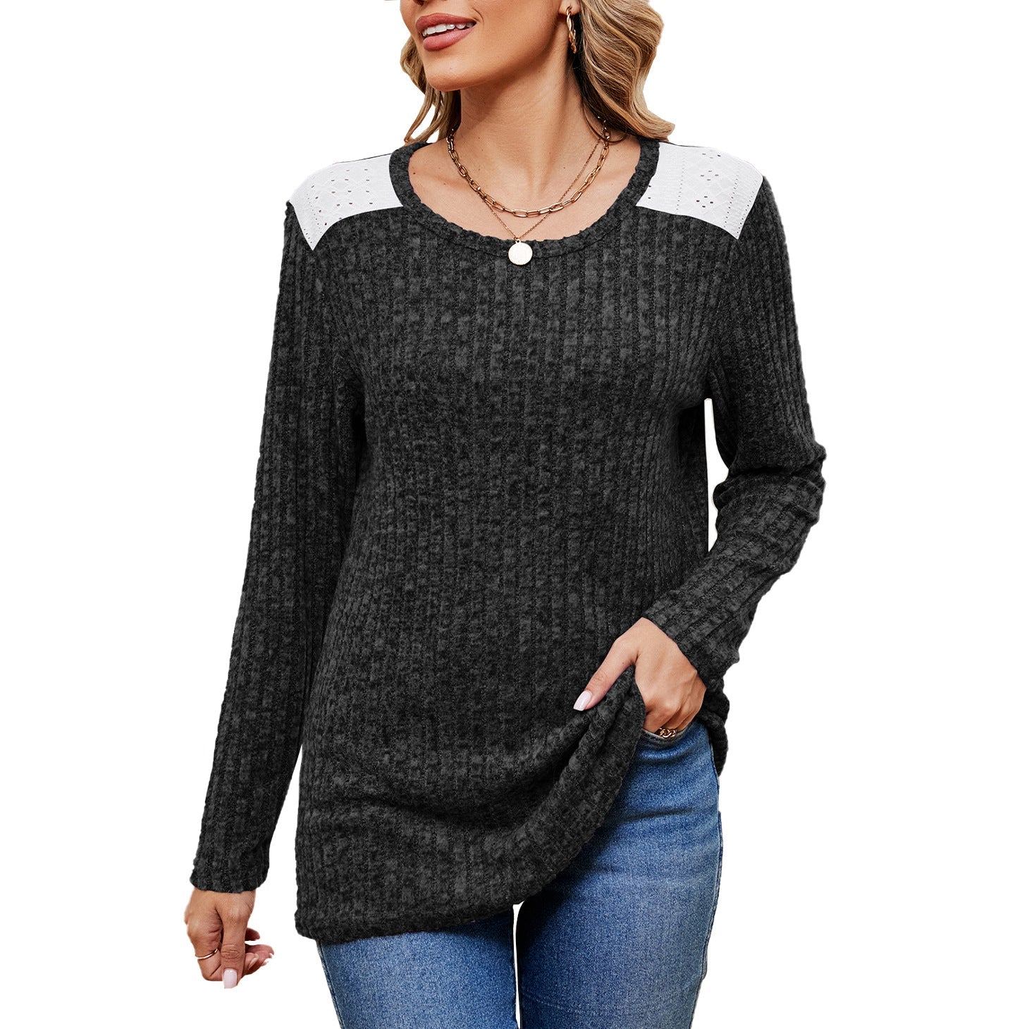 Autumn Winter Sunken Stripe Brushed Color Contrast Patchwork Long Sleeve Crew Neck T Shirt Top Women