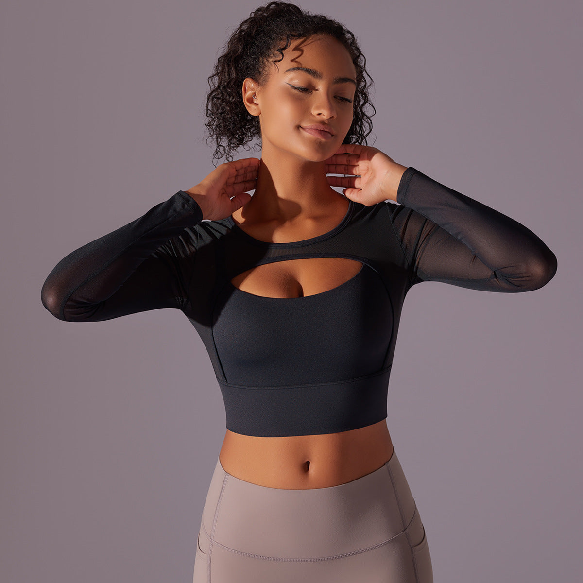 Sexy Mesh Yoga Clothes Long Sleeve Chest Pad Running Sports Bra Top