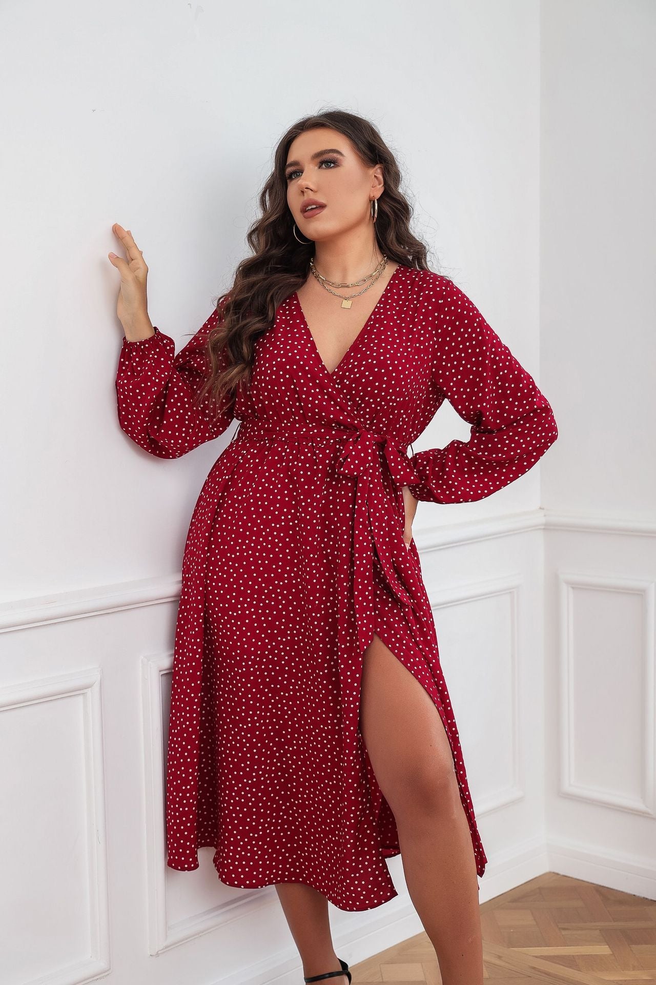 Plus Size Swing Artistic Red Dress – Cotton Office Polka Dot Long Sleeve Women Clothing