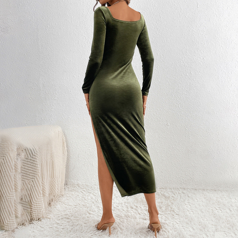 Velvet Sexy Waist Tight Slimming Side Slit Sheath Dress – Elegant Design