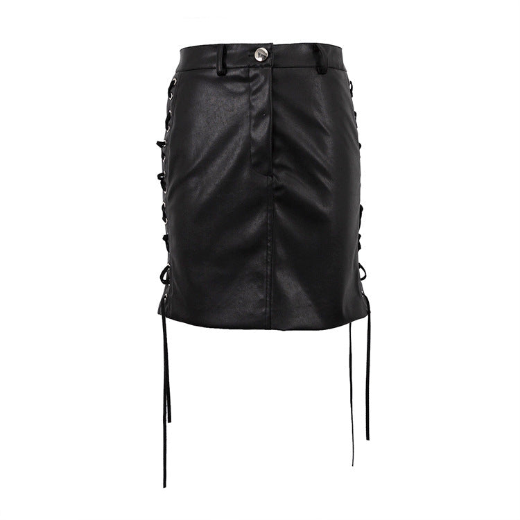 Faux Leather Lace-up Split Skirt – Women’s Sexy Black Short Sheath Skirt