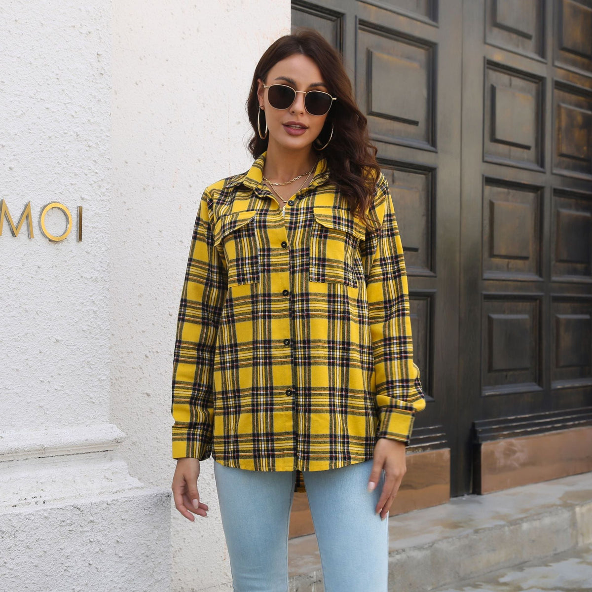 Plaid Shirt Brushed Long Sleeve Mid-Length Loose Shirt Women Top Women Clothing