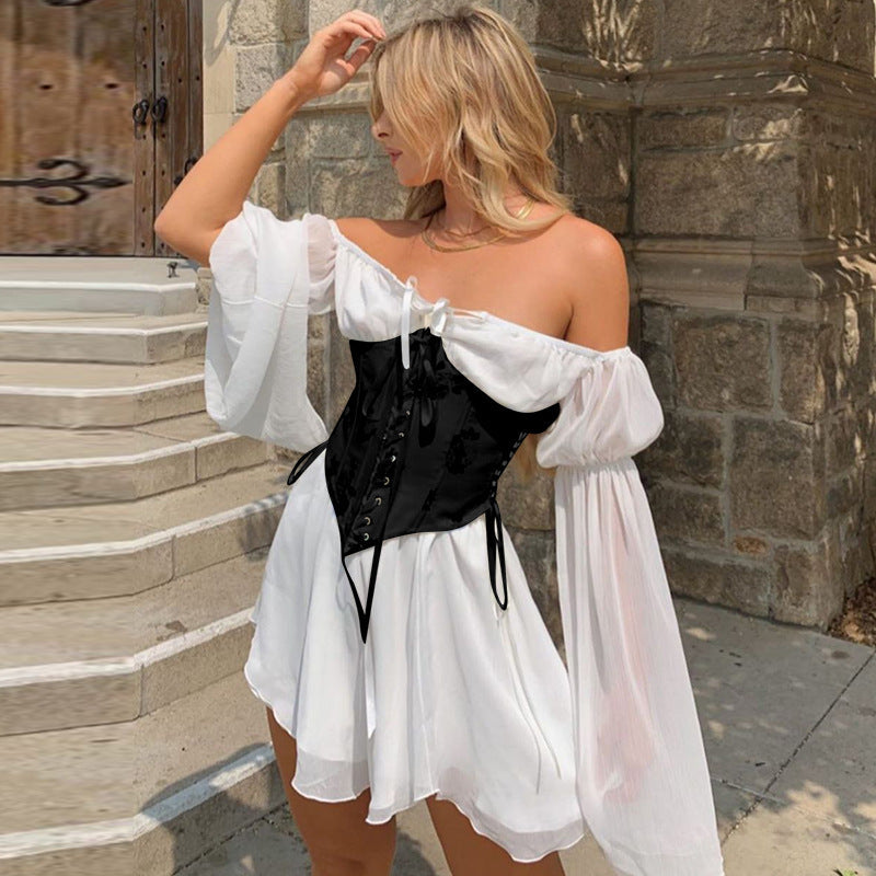 Chic Chiffon Off Shoulder Women’s Dress with Irregular Asymmetric Waist Set – Perfect for Office Skirt