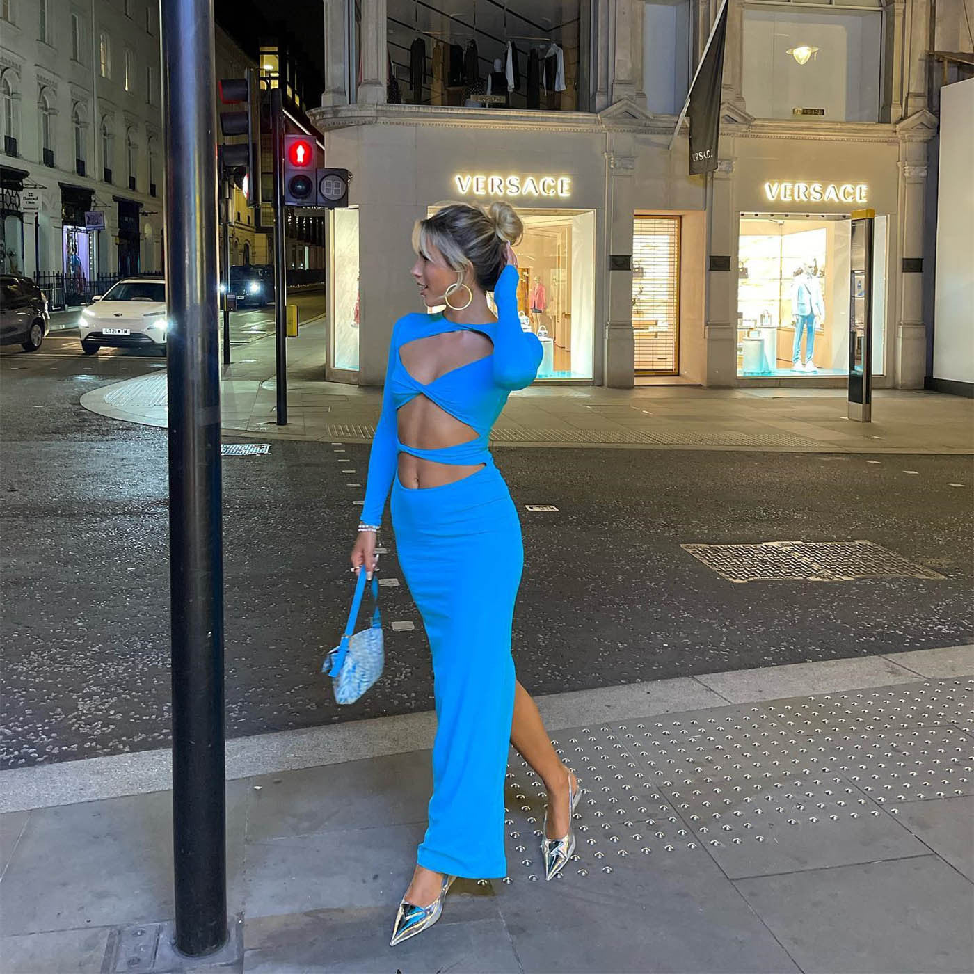 Sexy Split Tight Dress Autumn Winter Blue Color Maxi Dress Twisted Hollow Out Cutout round-Neck Long-Sleeved Dress Women