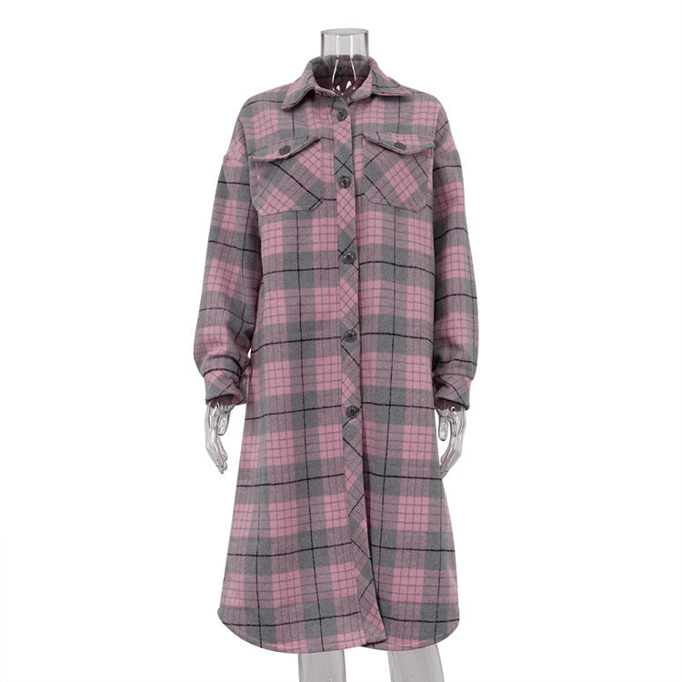 Autumn Winter Women  Clothing Long Sleeve Collared Plaid Coat Casual Woolen Long Cut Coat