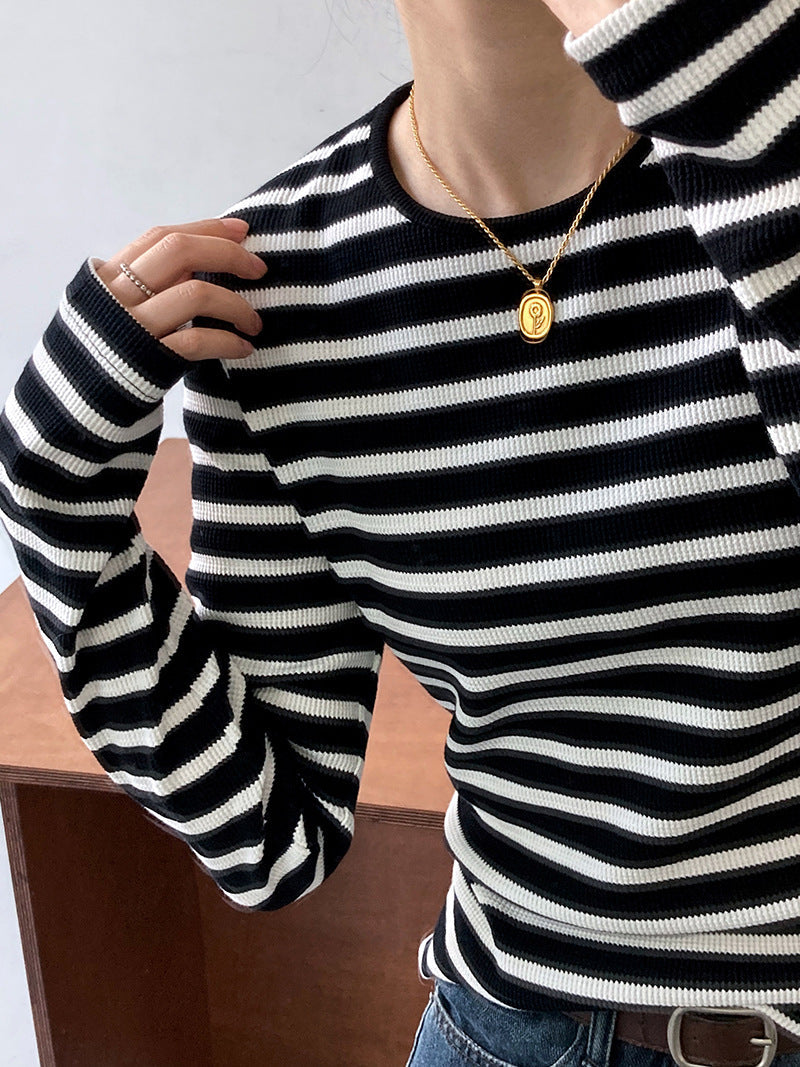 Spring Striped Long Sleeved shirt Women Slim Fit Slimming Inner Bottoming Shirt Top