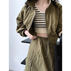 Short Jacket Drawstring Skirt Two Piece Outdoor Sports Cargo Suit Women