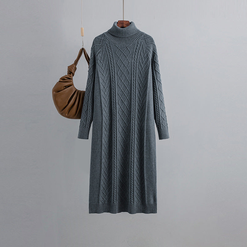 Heaps Collar Twist Woolen Women Autumn Winter Thick Loose Mid Length Over The Knee Knitted Dress