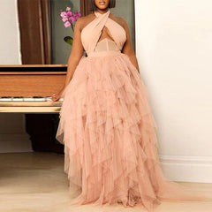 Plus Size Wedding  Women Dress Evening Dress Pink Halter Dress Large Swing Tulle Dress