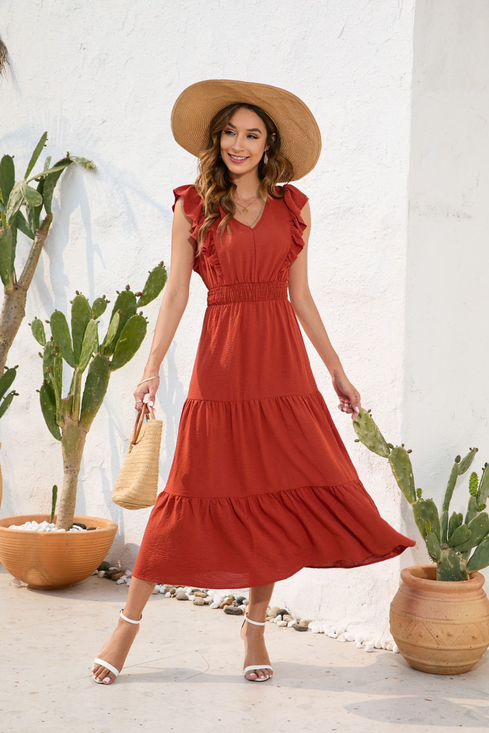 V neck High Waist Tiered Dress Maxi Dress Casual Vacation Travel Dress