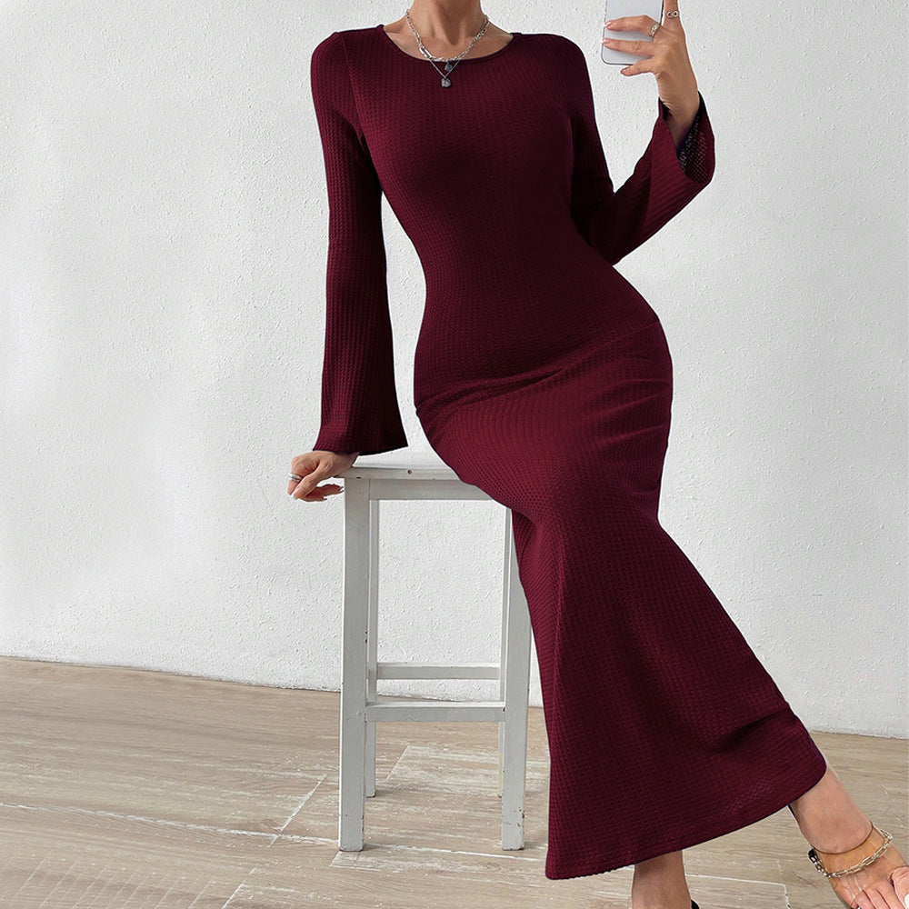 Sexy Black Long Sleeved Dress: Autumn Waist Slimming Draping Sheath Fishtail Style