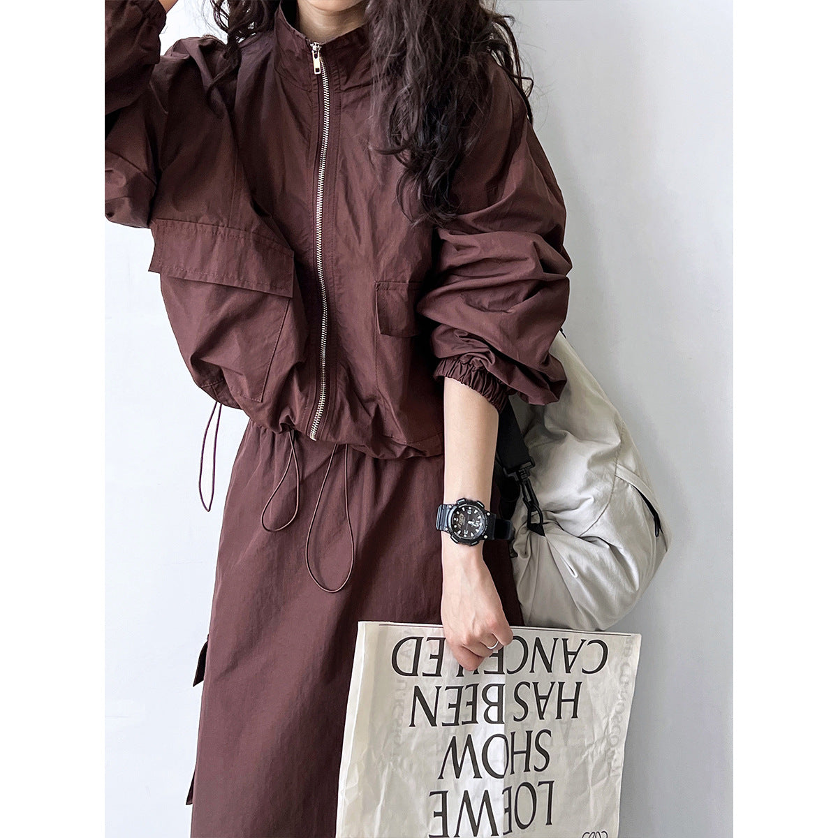 Short Jacket Drawstring Skirt Two Piece Outdoor Sports Cargo Suit Women