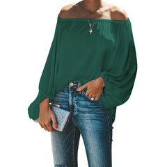 Off Shoulder Top Women Autumn Off Shoulder Solid Color Simple Lantern Sleeve Loose Long Sleeve T Shirt