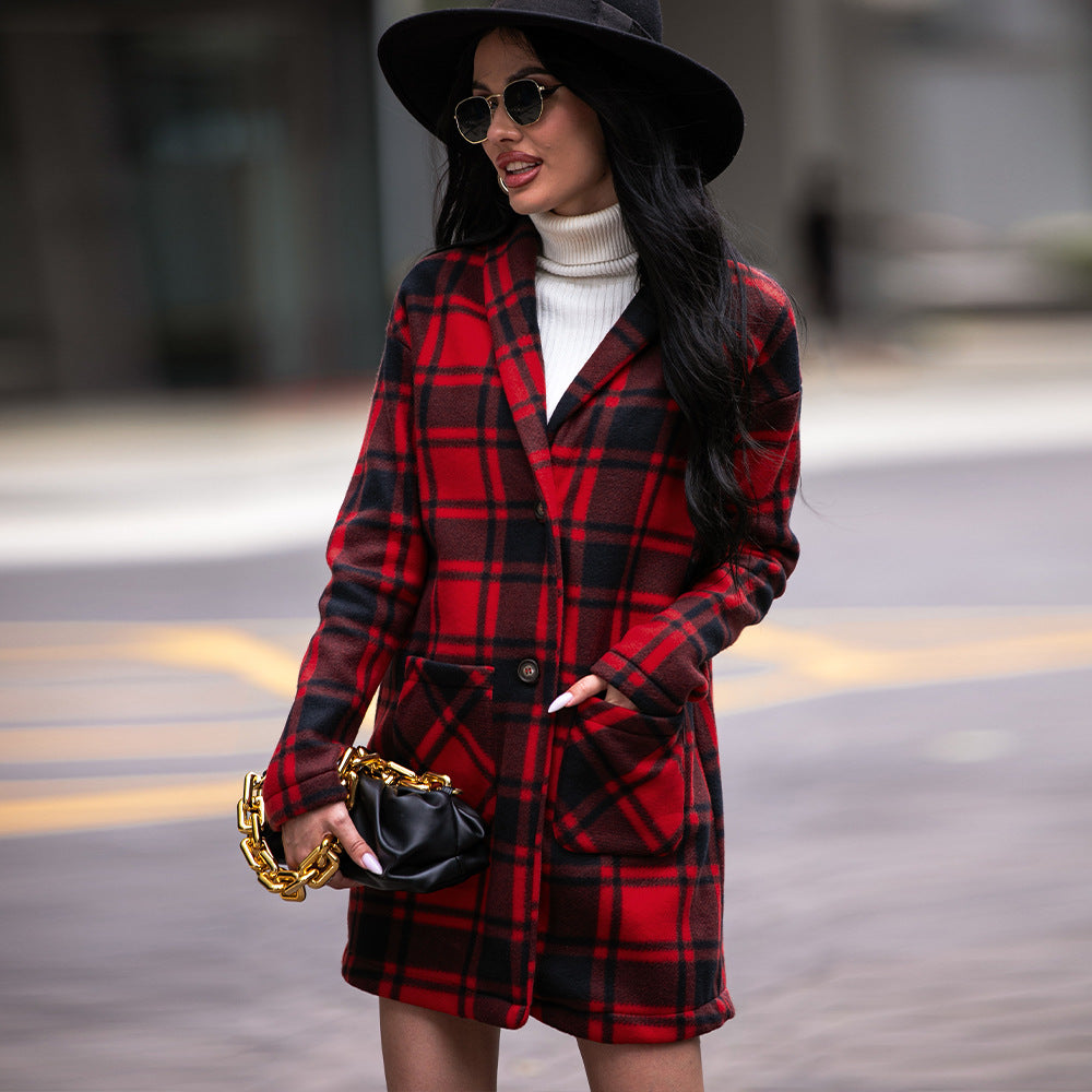 Autumn Winter Women’s Collared Pocket Plaid Wool Coat