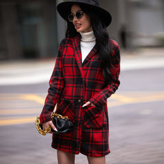 Autumn Winter Women’s Collared Pocket Plaid Wool Coat